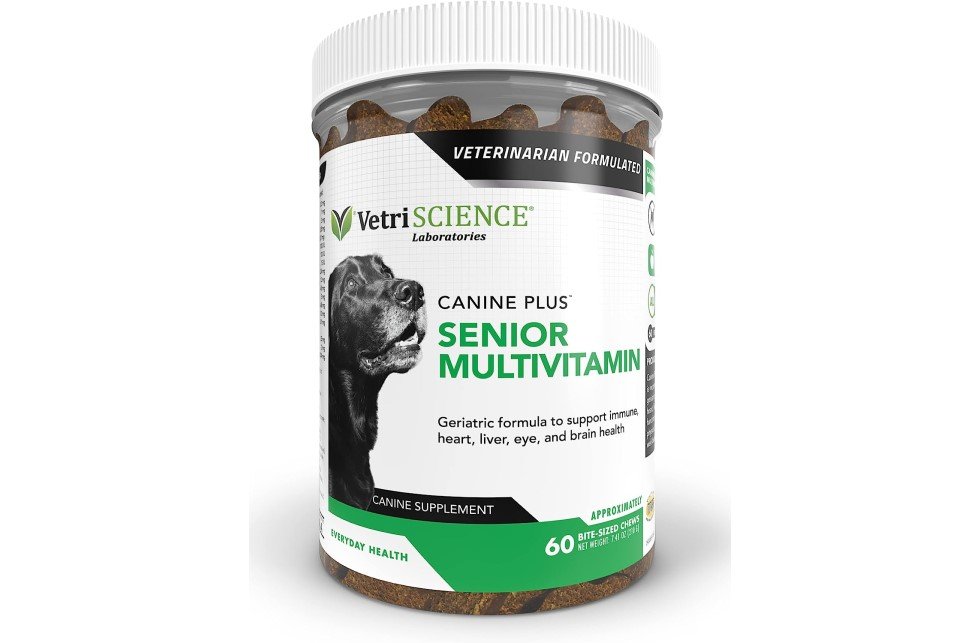 VetriScience Canine Plus Senior Multivitamin for dogs, 60 bite-sized chews in a jar.