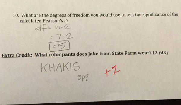Photo of an extra credit question and answer on a test