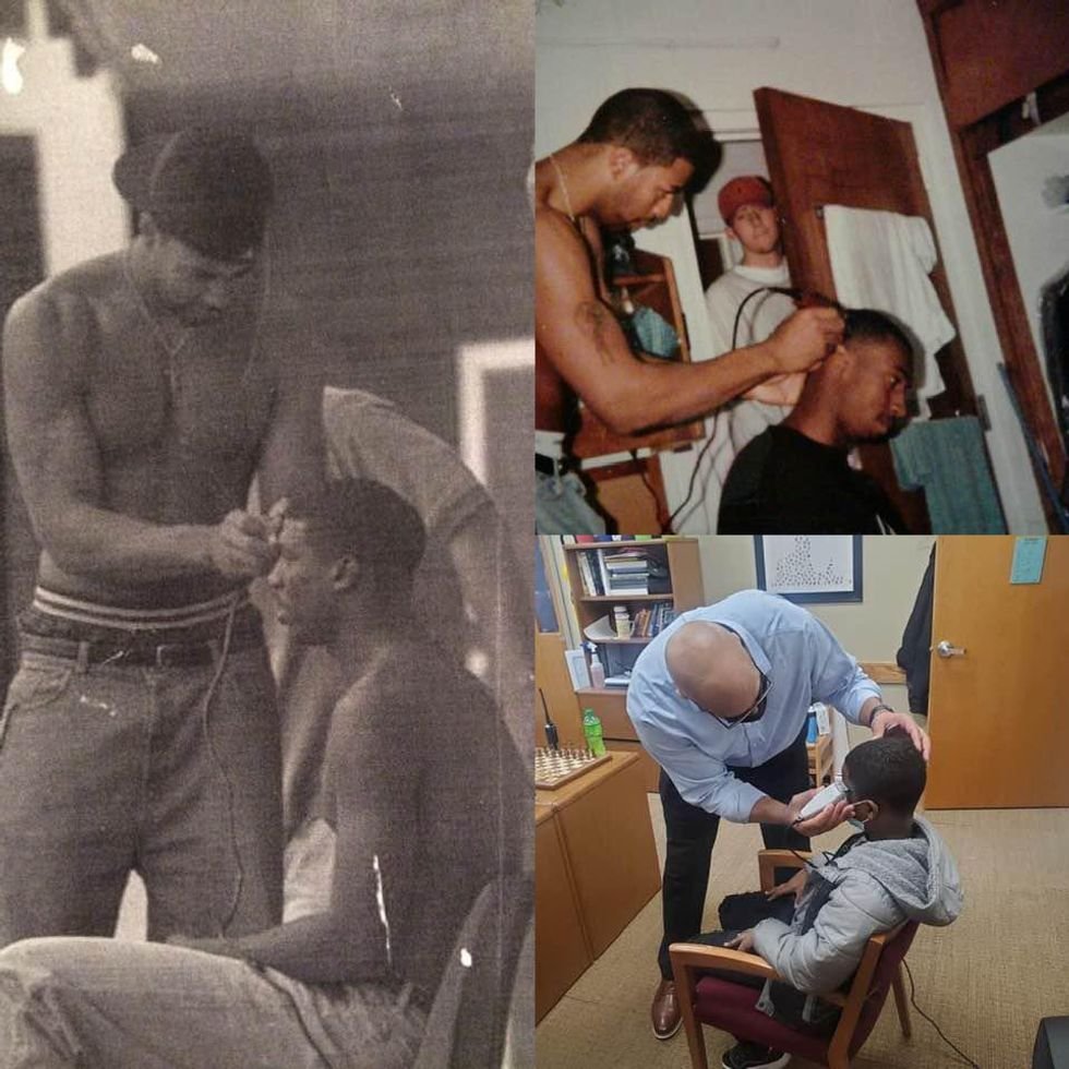 A school principle gives a student a haircut