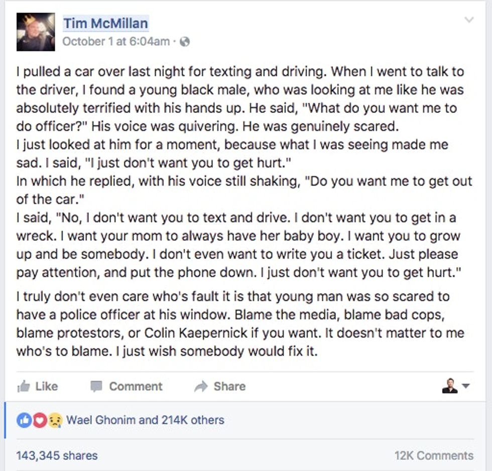 Tim McMillan's Facebook post.