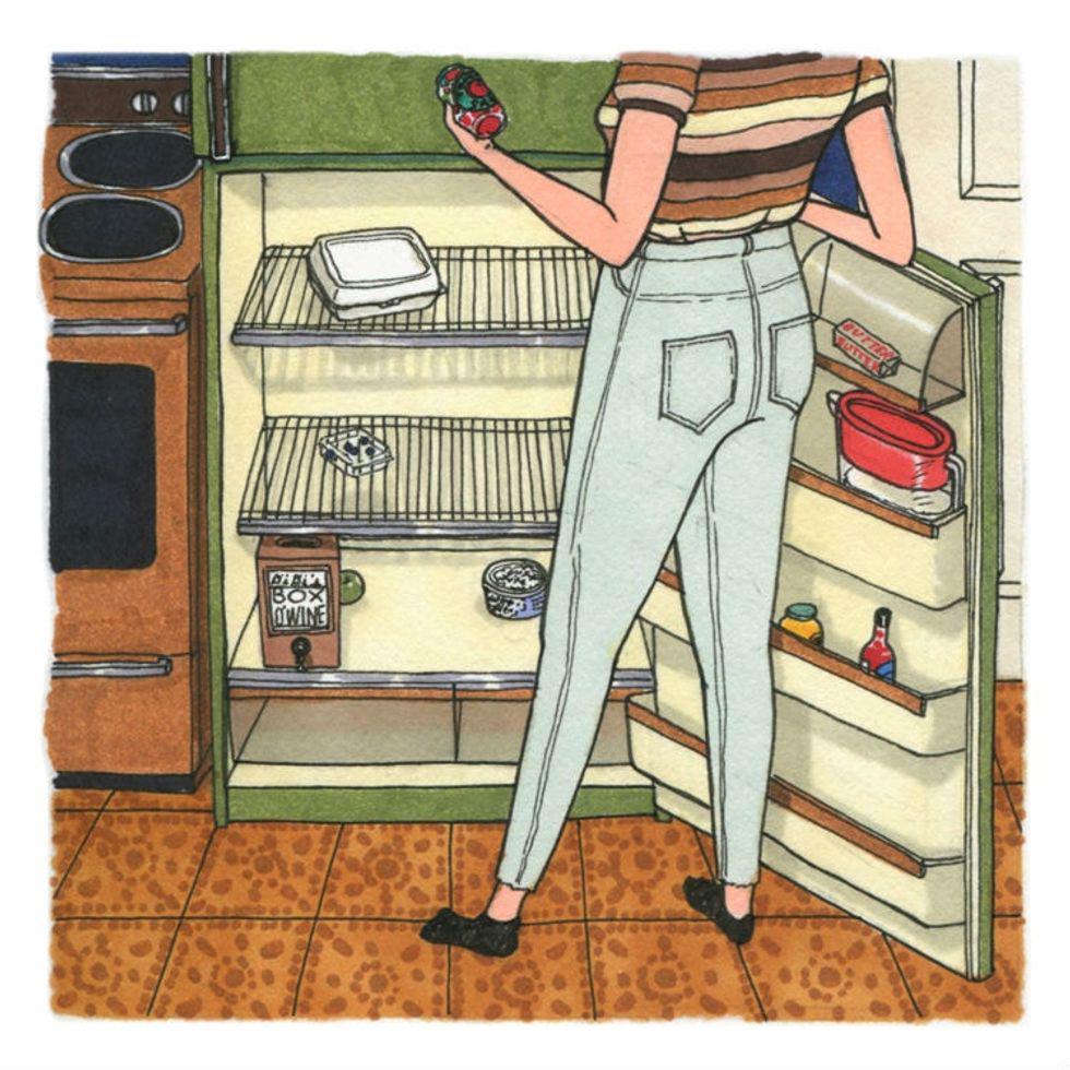 illustration of woman from the shoulders down standing at her open fridge