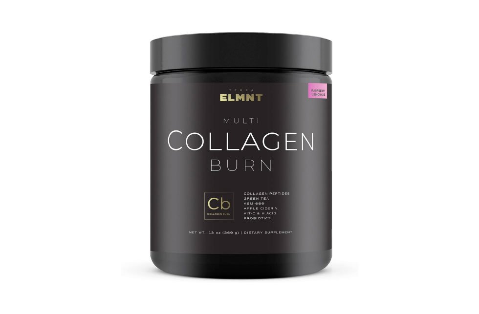 Black jar of Multi Collagen Burn supplement, raspberry lemonade flavor.