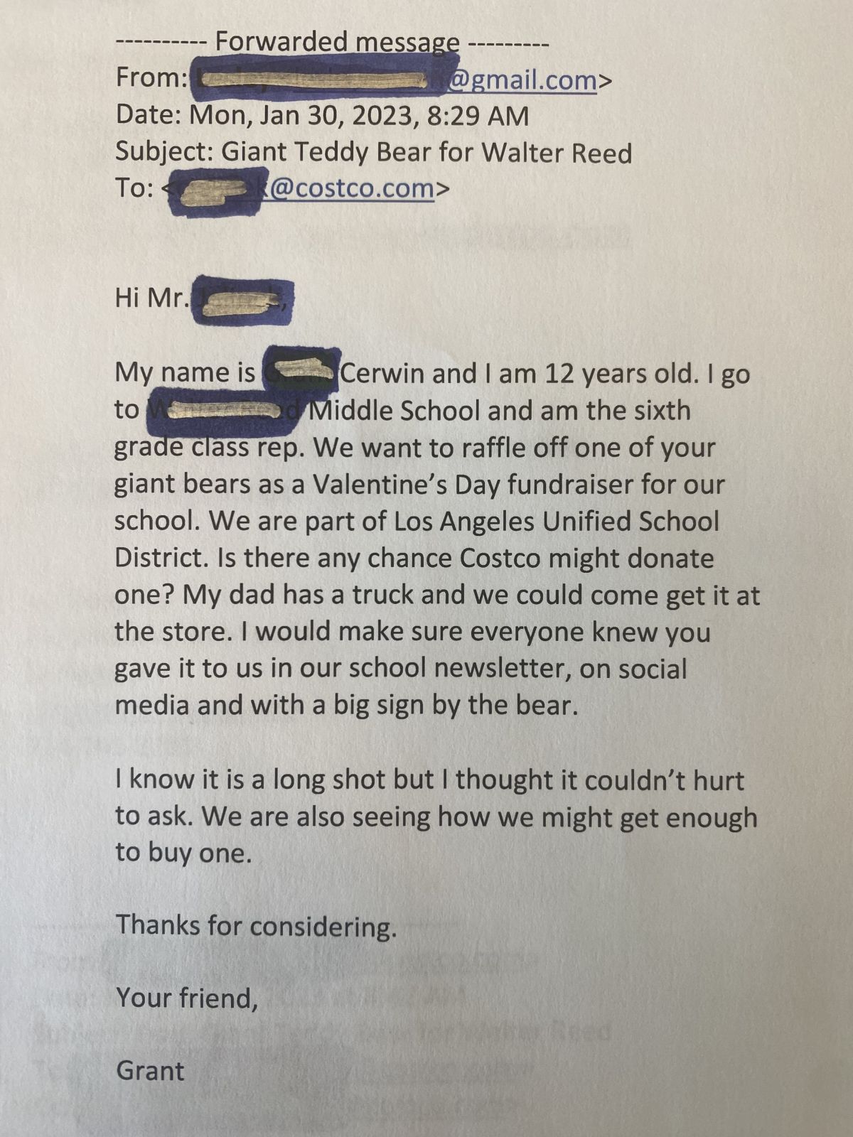 a photo Grant's email message.
