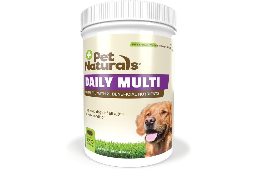 Pet Naturals Daily Multi container for dogs with golden retriever image.
