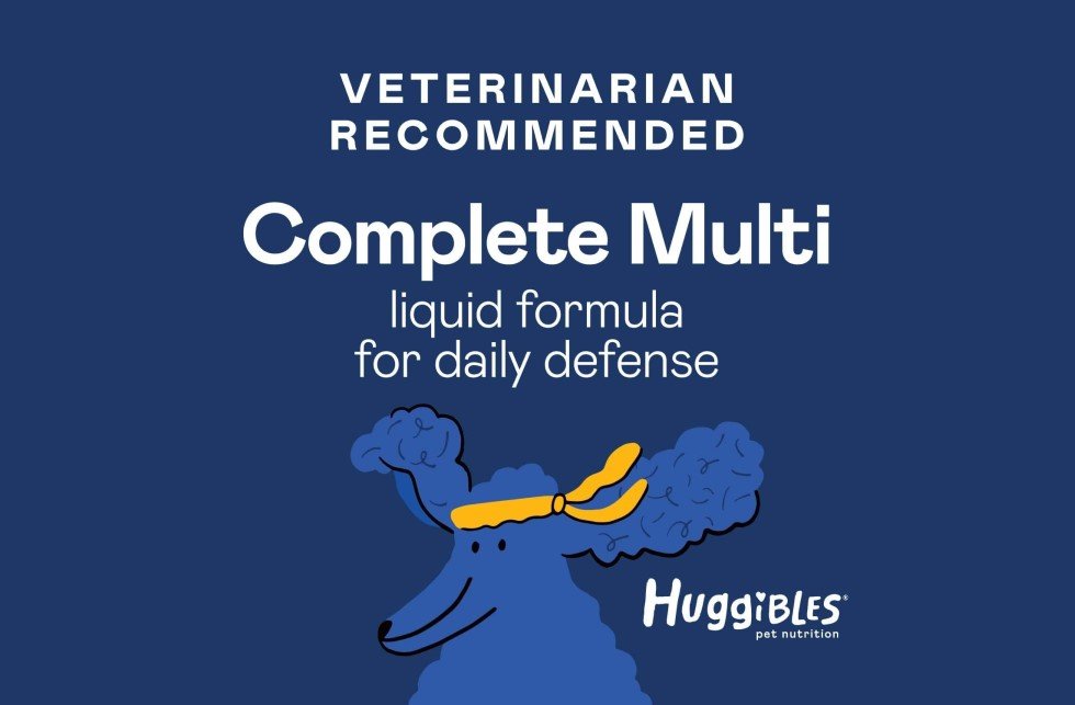 Veterinarian Recommended Complete Multi, pet supplement, with illustration of a blue dog.