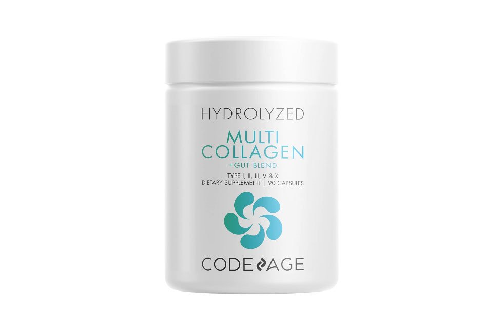White jar of hydrolyzed multi-collagen supplement with blue label and logo.