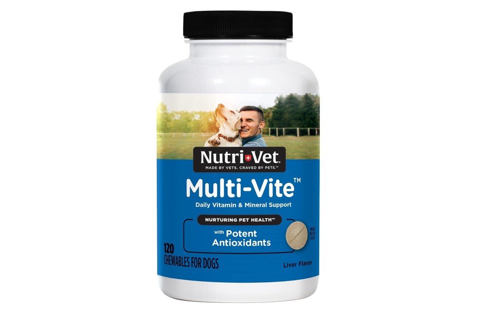 Nutri-Vet Multi-Vite for dogs, daily vitamins, 120 liver flavor chewables bottle.