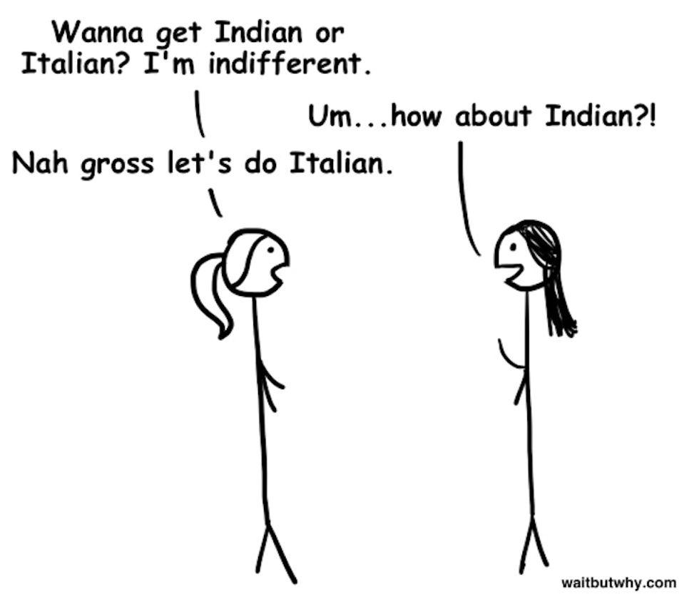 Two stick women discussing dinner