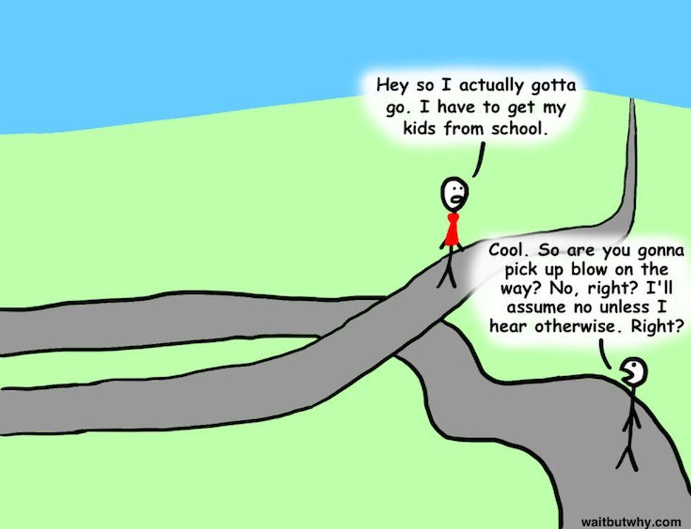 Two stick people on opposite paths