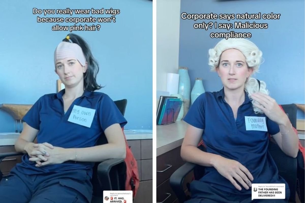 woman at a desk wearing silly wigs