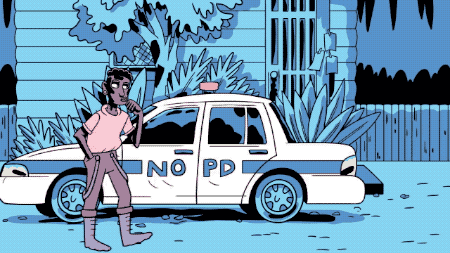 illustration of Black man walking by police car, littering, and the sirens going off