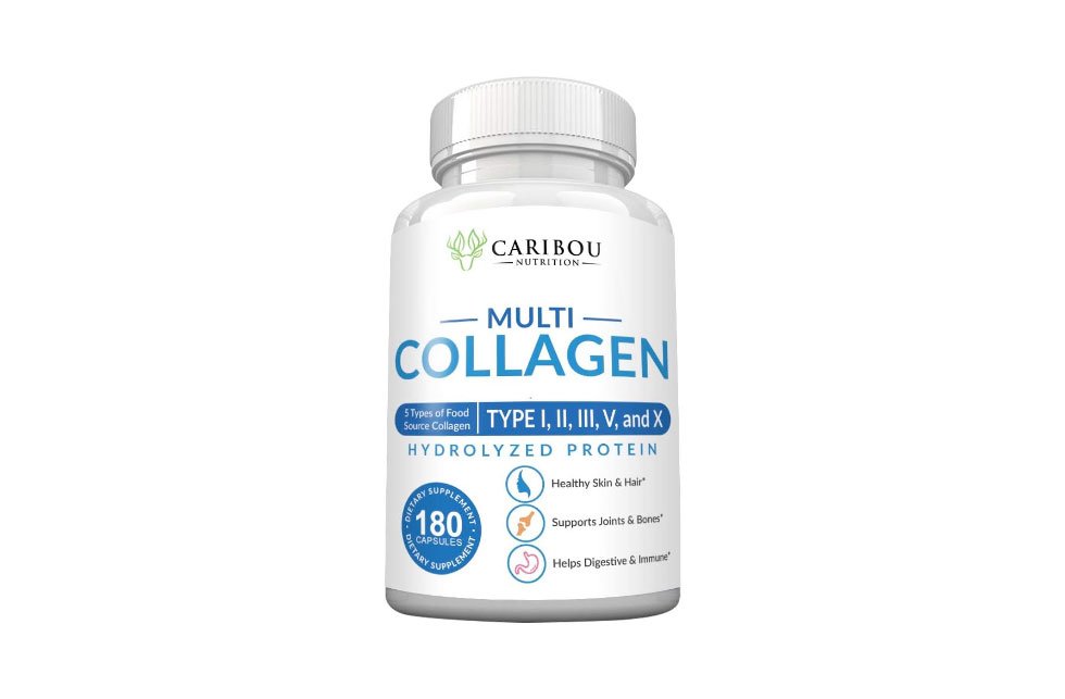 White bottle of Caribou Nutrition Multi Collagen supplement with 180 capsules.