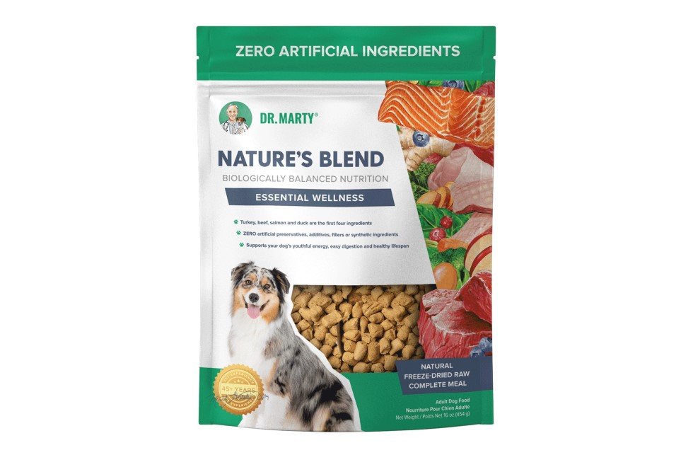 Dr. Marty Nature's Blend dog food bag, showcasing kibble and fresh ingredients.