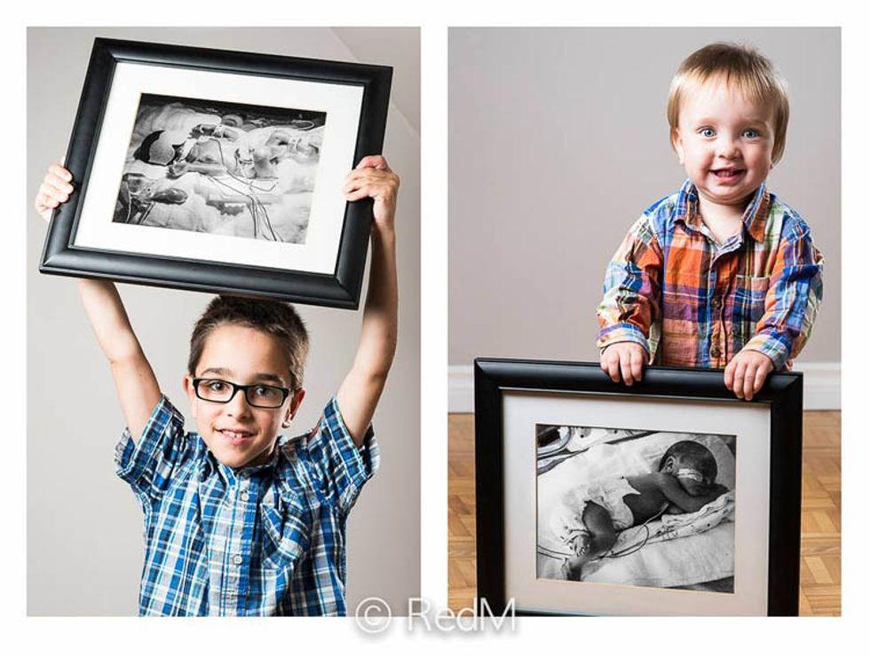 siblings each hold  black and white photographs of themselves as premature babies