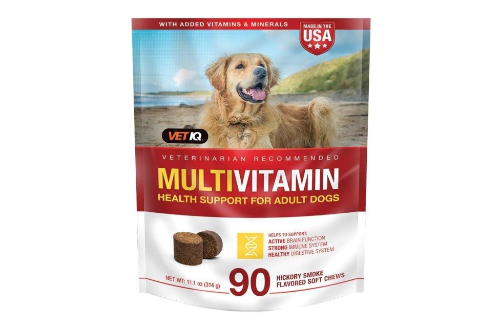 Dog multivitamin packet with smiling golden retriever, 90 hickory smoke-flavored chews.