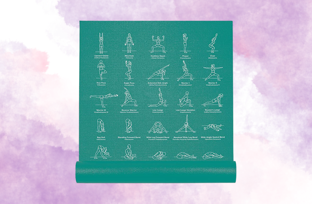 Green yoga mat with illustrated poses, each labeled with names, on a purple background.