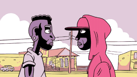 illustration of two Black men talking; one looks anxious and one looks nonplussed