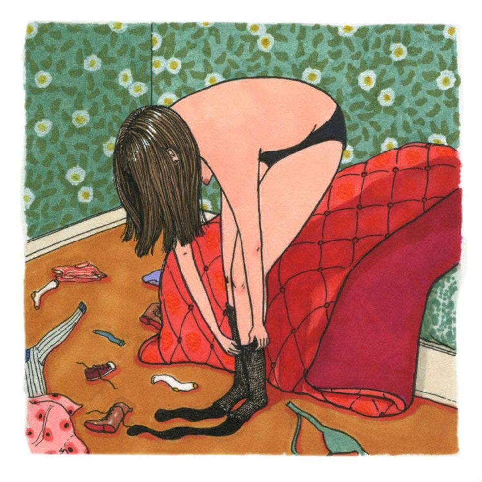 illustration of partially naked woman putting on pantyhose
