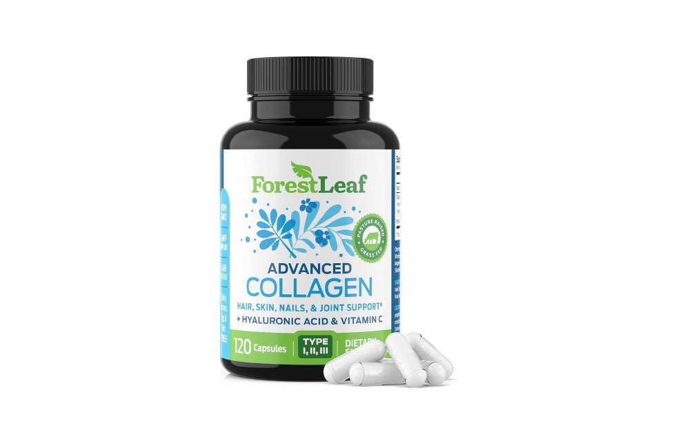 Black bottle of ForestLeaf Advanced Collagen with capsules beside it.