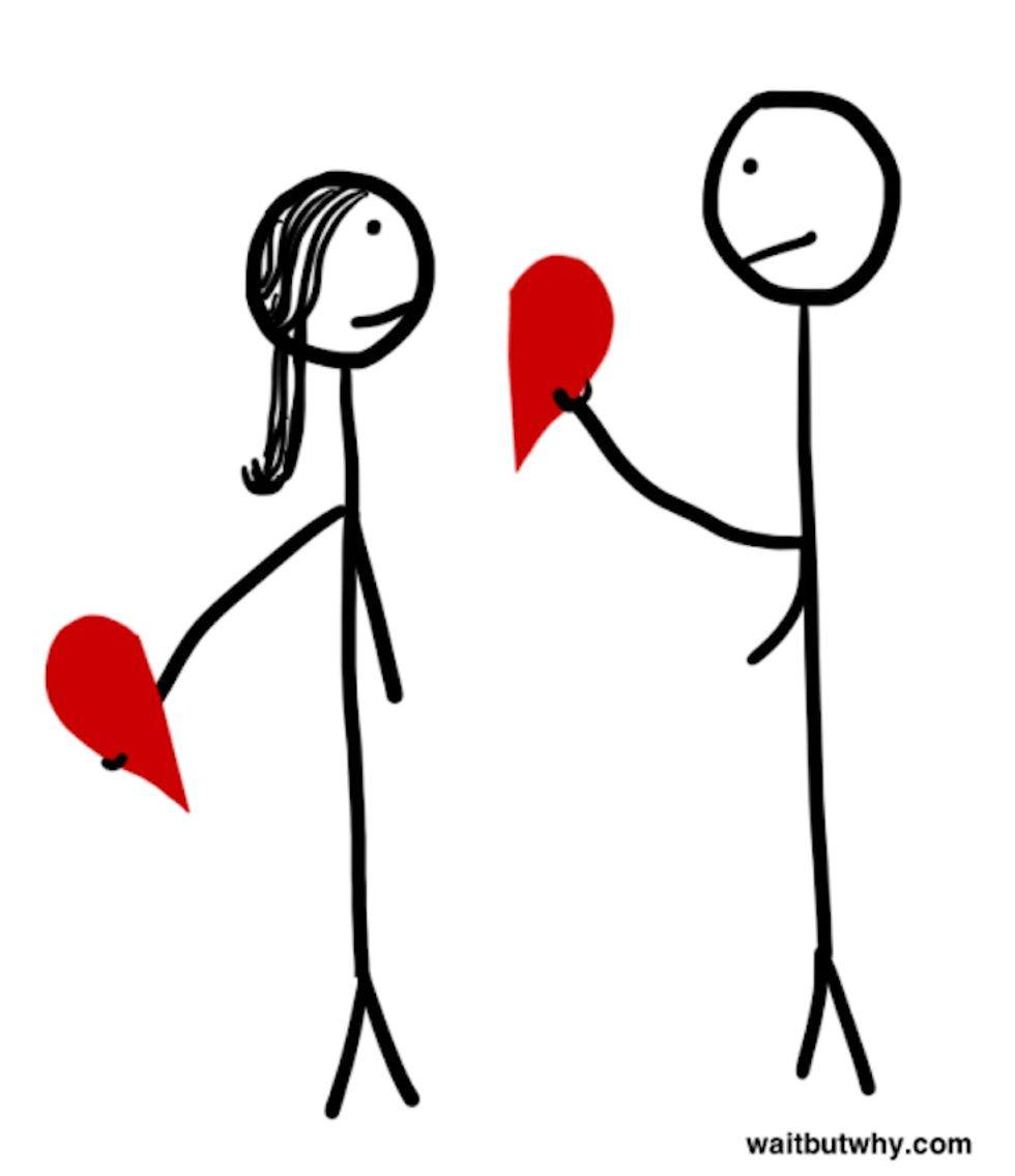 Two stick people each holding a half of a heart