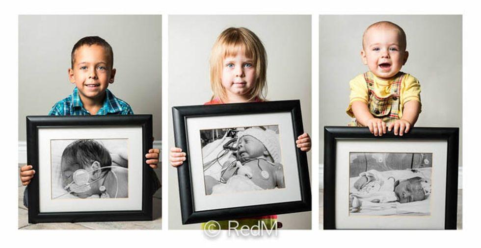 three siblings each hold  black and white photographs of themselves as premature babies