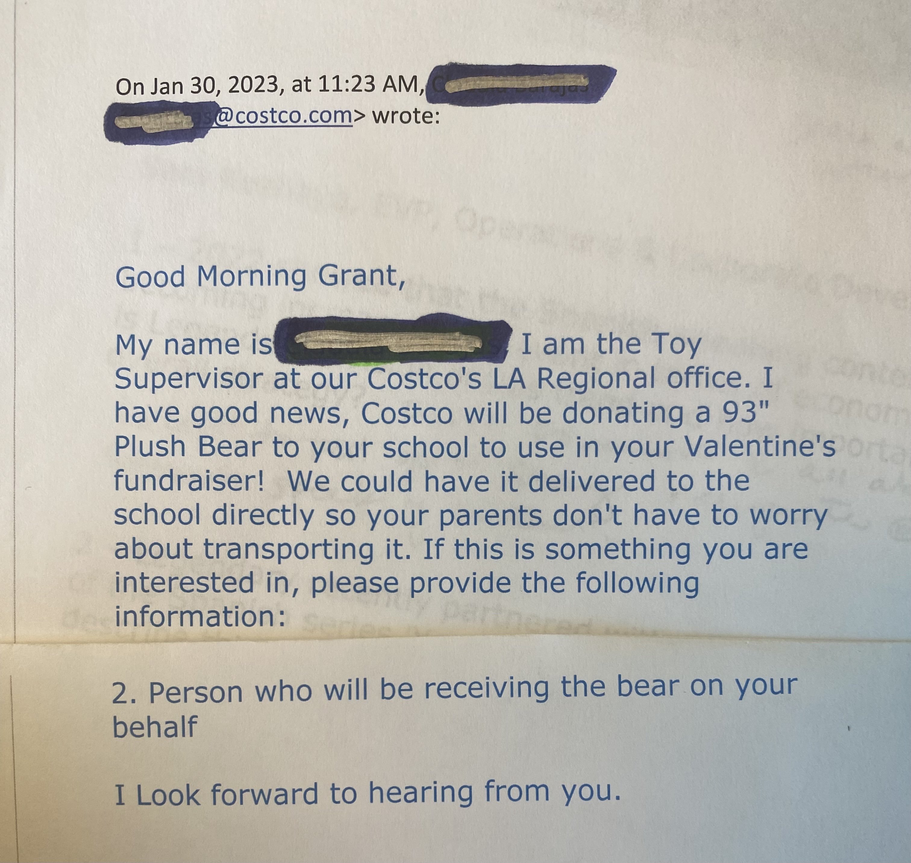 a photo of the email response to Grant/