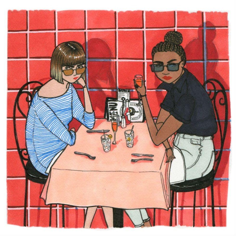 illustrations of women having lunch outside against a red tile wall