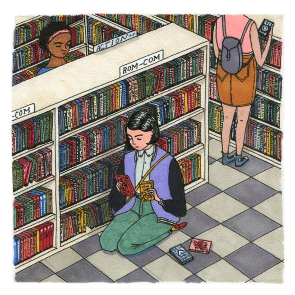 illustration of women looking at movies in a video store