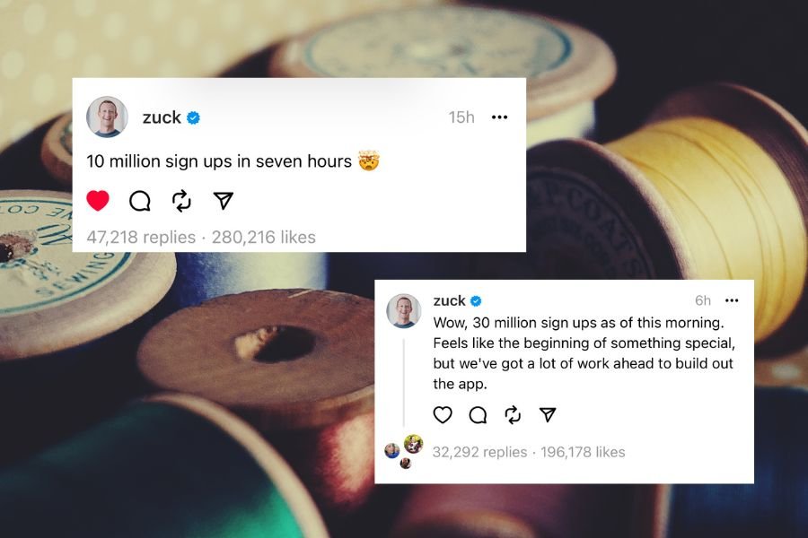 Threads screenshots on top of image of multicolored spools of thread