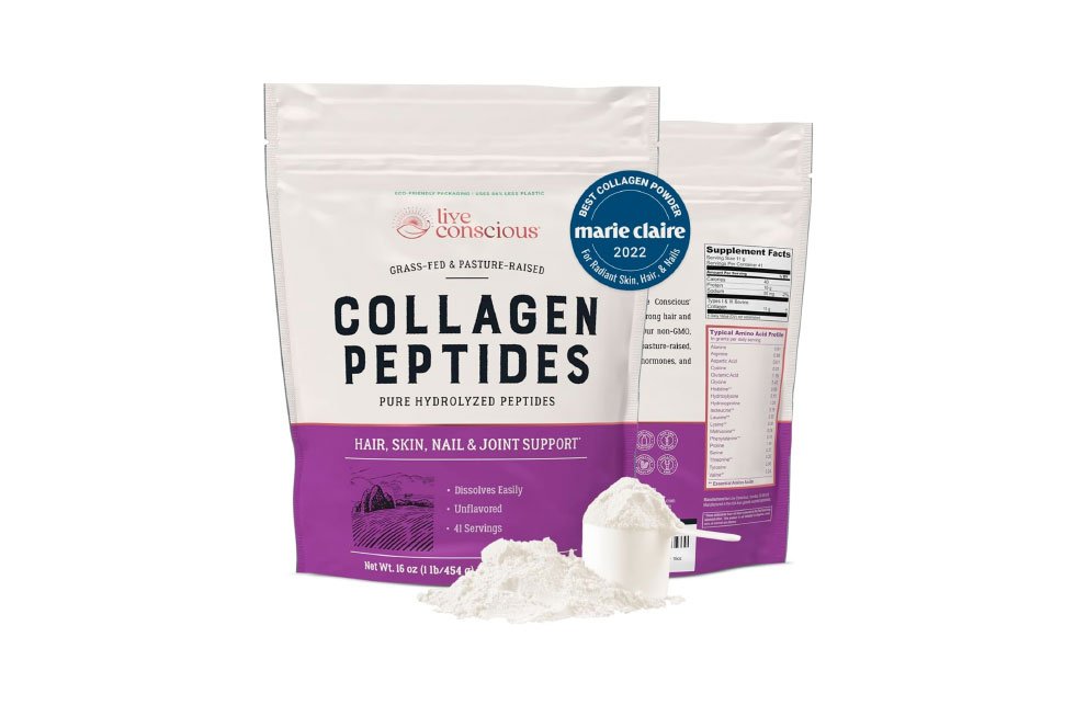 Collagen Peptides powder pouch, with measuring scoop, for hair, skin, and joint support.