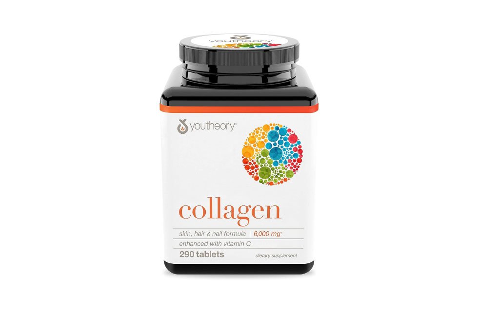 Collagen supplement bottle with colorful design, labeled for skin, hair, and nail health.