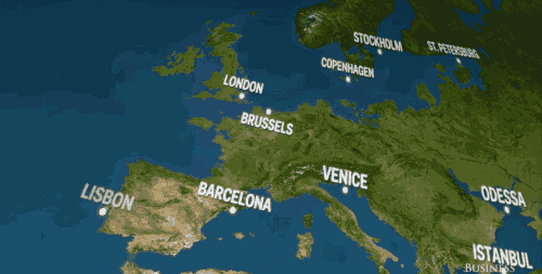 Animated map highlighting major European cities with a rotating 3D effect.