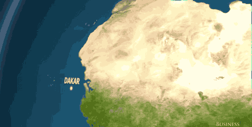 Map showing a flight path from Dakar, Senegal, to various U.S. cities.