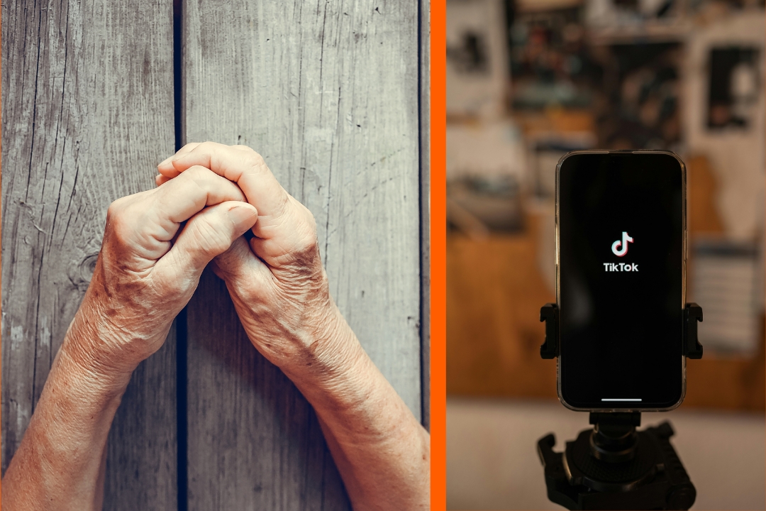An elderly woman gets ready to make a TikTok video.