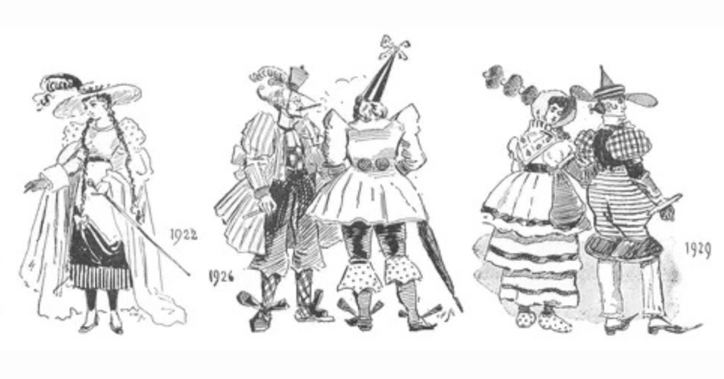 Sketches of imaginary outfits from 1922, 1926, and 1929