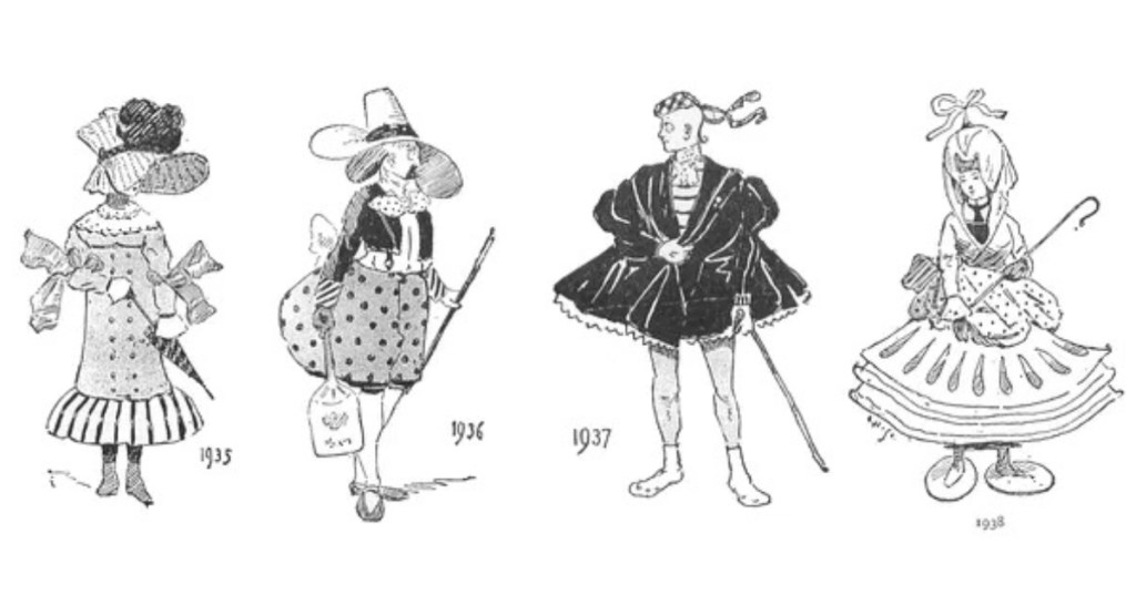 Sketches of imaginary outfits from the 1930s