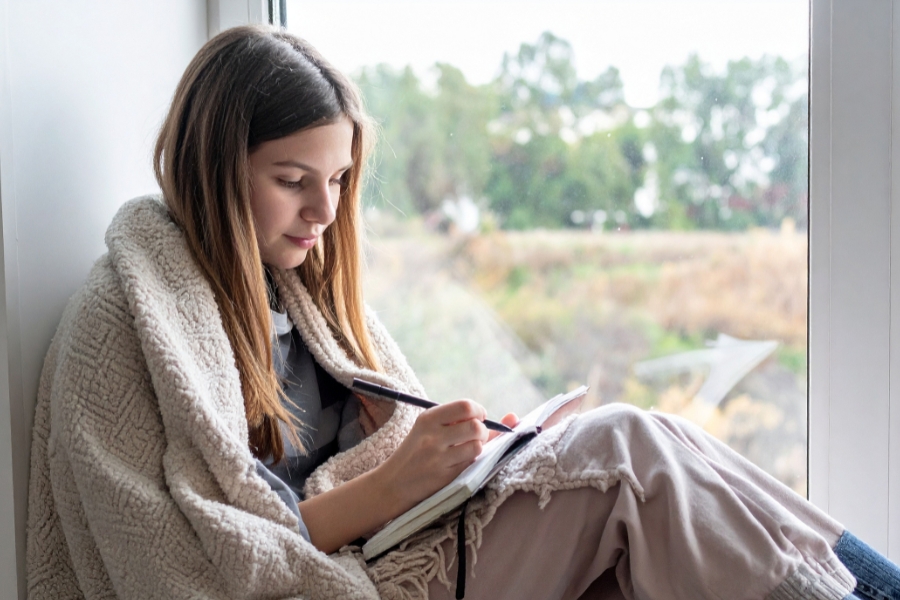 A girl sits in a window wrapped in a blanket, writing in a journal