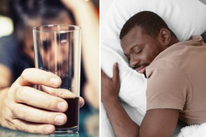 A man holding an alcoholic drink and a man sleeping contentedly in bed