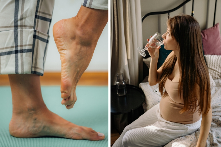 a person holding up one foot and a woman drinking a glass of water in bed