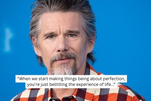 Ethan Hawke wearing a plaid shirt with a quote about perfection belittling the human experience