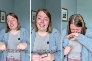 A woman talks to the camera with tears in her eyes