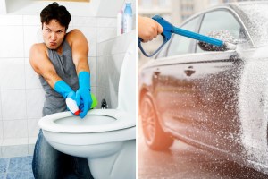 Man cleaning the toilet and someone spraying a car with foam soap