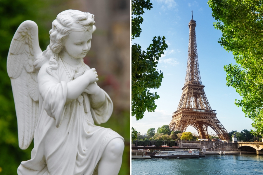 An angel statue and the Eiffel Tower in Paris, France