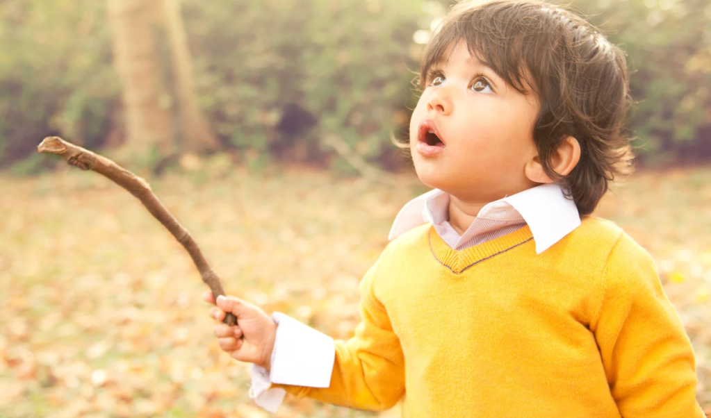 A small child holds a stick while staring up at the sky