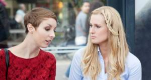 small talk, woman talking, bus stop, two women, chatting