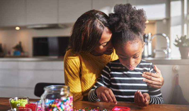 parent, child, nurturing, hug, artwork, beads