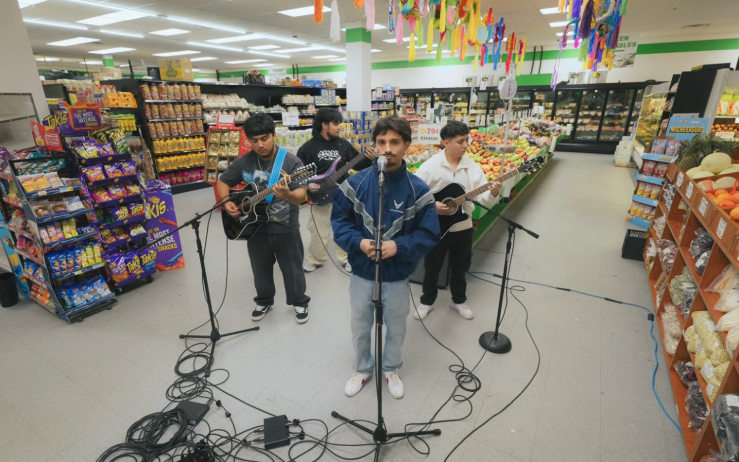 grocery store, concert, viral video, community, music