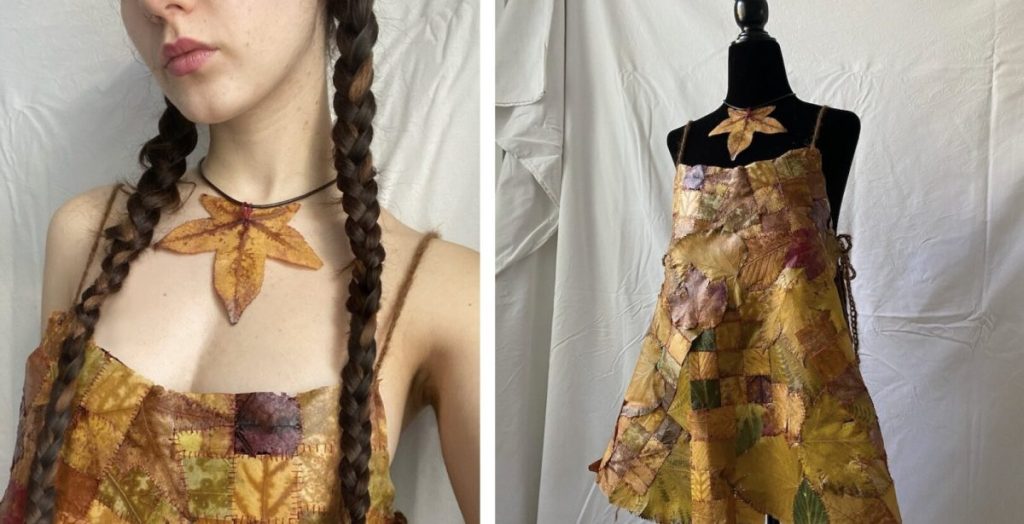 Madrid art student sews a gorgeous, wearable dress out of hand-picked leaves