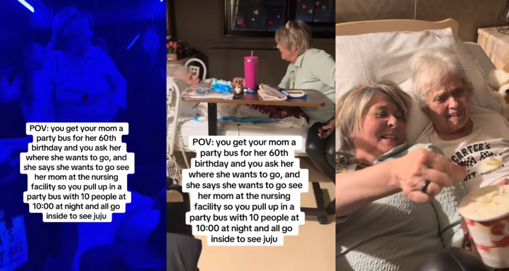A woman was surprised with a party bus for her 60th birthday. She immediately took it to see her own mom battling dementia.
