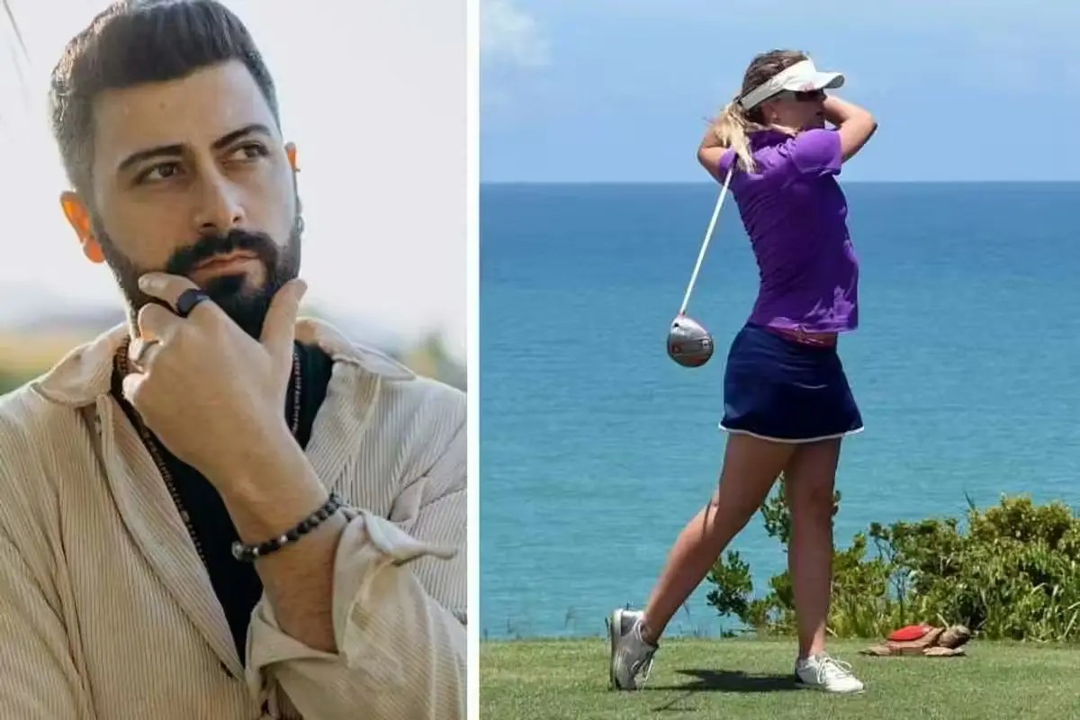 Composite side-by-sude photo of a young man looking dubious next to a woman playing golf